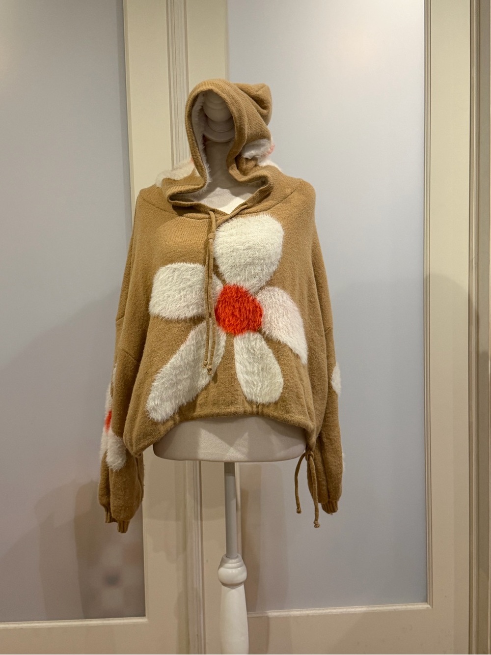 POL Tan Hoodie Sweater with Cream Daisy and Orange Center